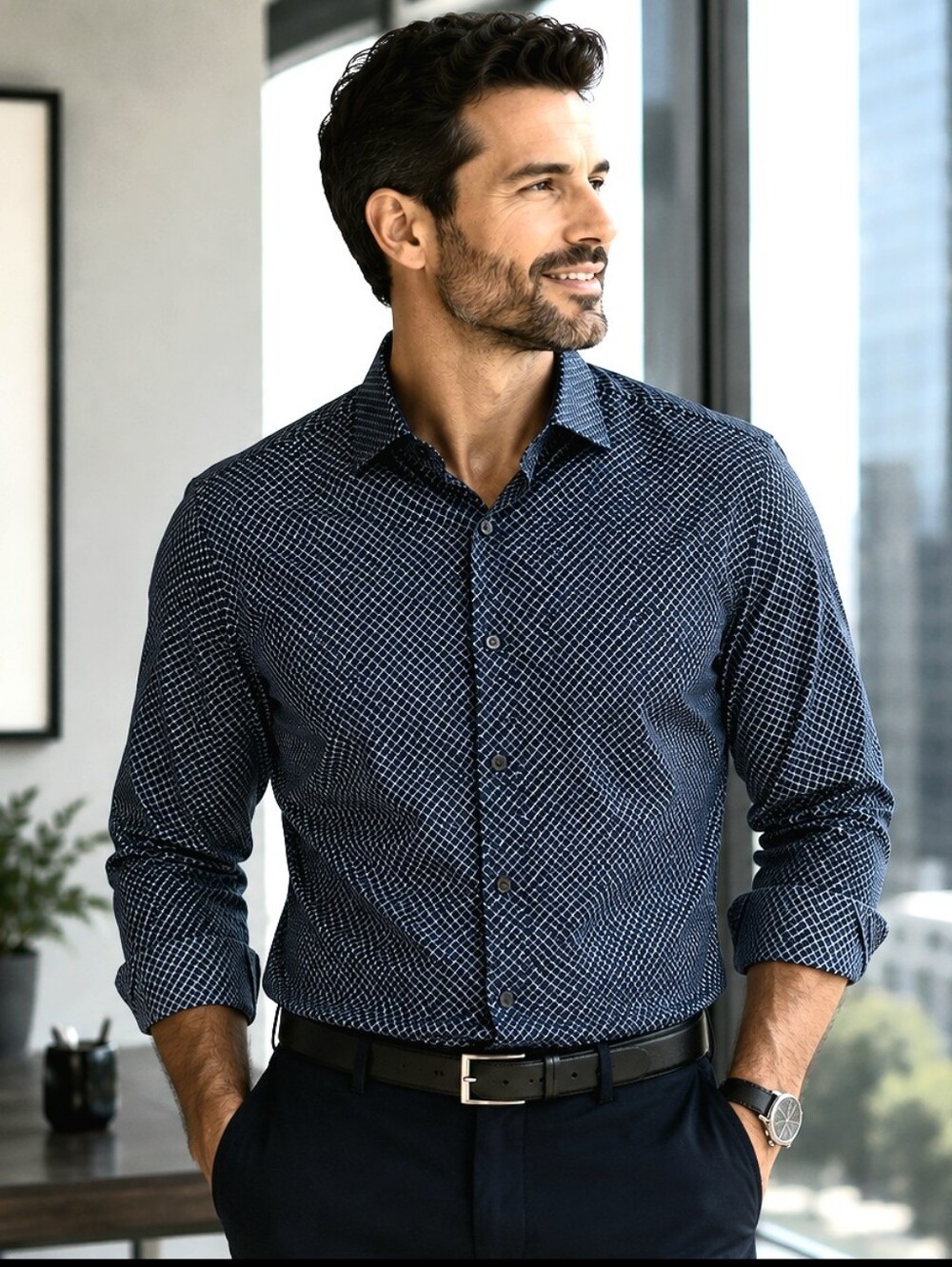 ALFANI Men's SLIM FIT Dress Shirt Blue Geometric Print Button Size Large 16-16.5